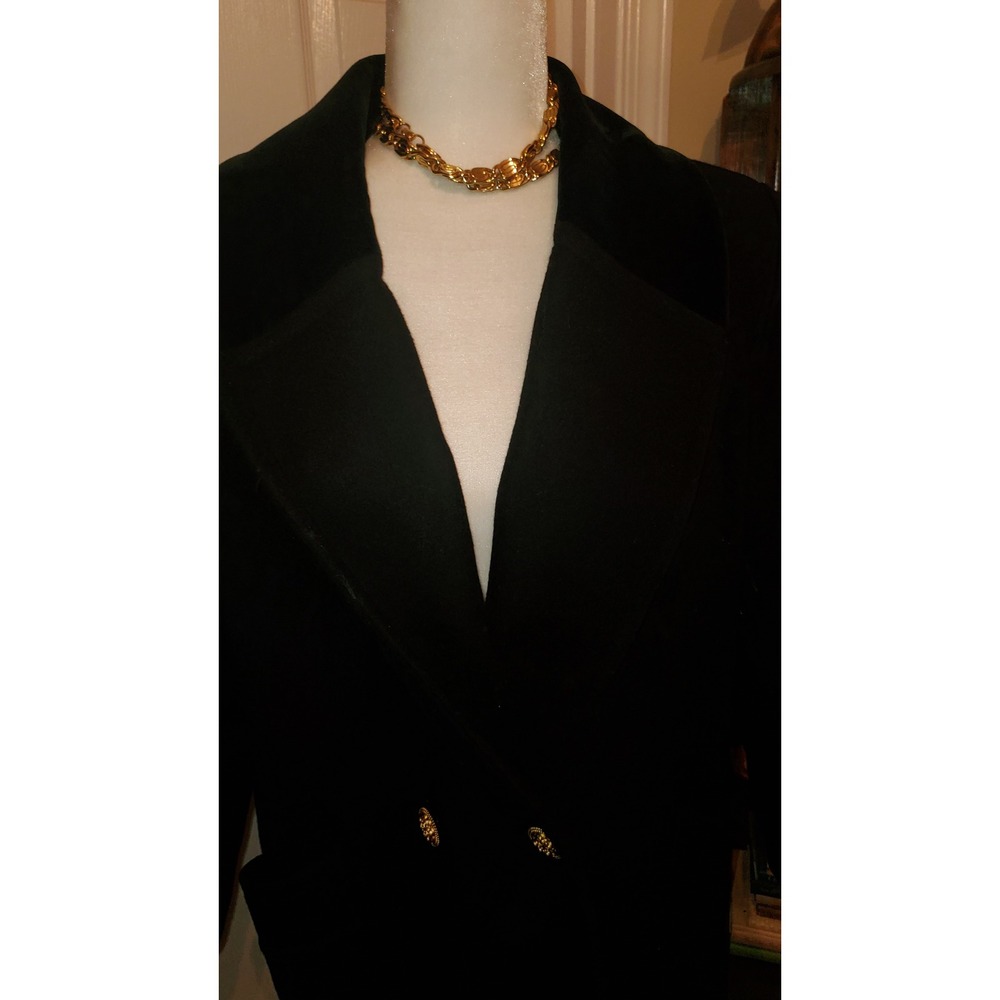Jones New York JNY Black 100% Pure Wool Long Overcoat Velvet Trim Womens Medium